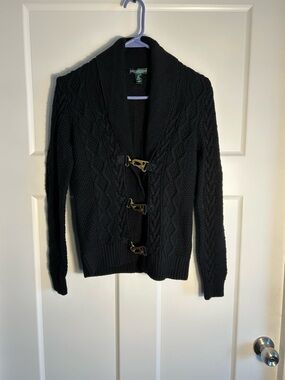 Lauren Jeans Co Women’s S Fisherman Knit Cardigan Hook Closure Black  Cabin 2231